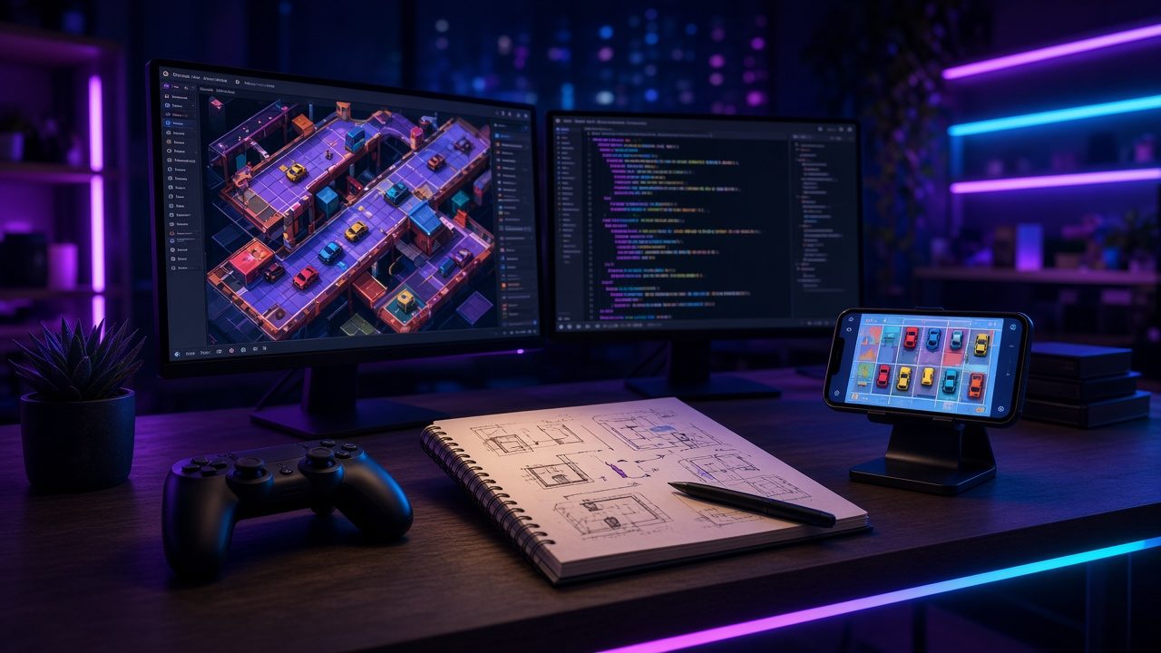 Game studio workspace with monitors showing colorful game scenes, a drawing tablet, and purple and blue lighting