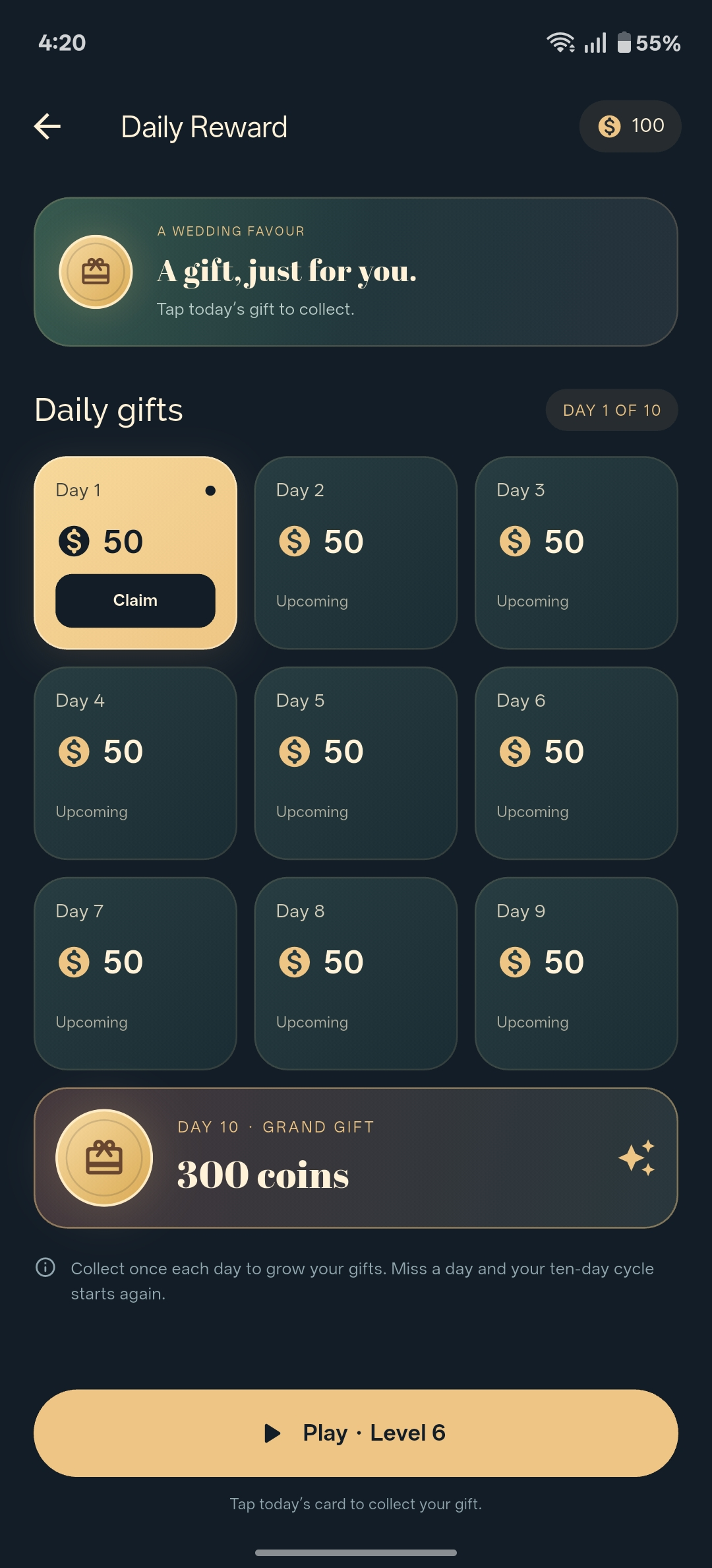VovShift daily reward screen with a gift and a claim button