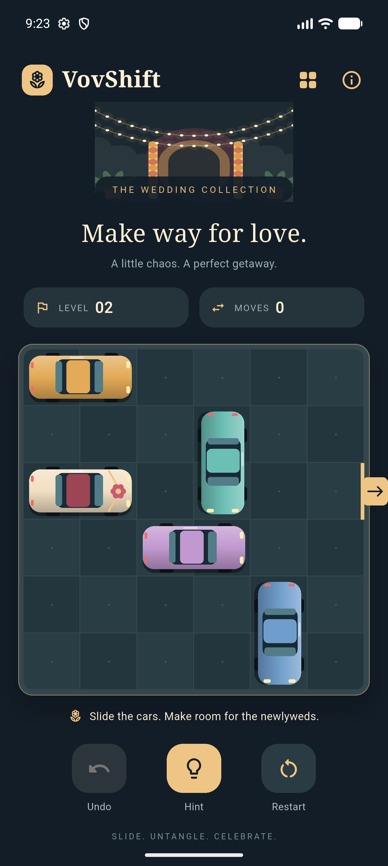 VovShift gameplay on a phone: a sliding-car puzzle with a lane to clear for the flower car