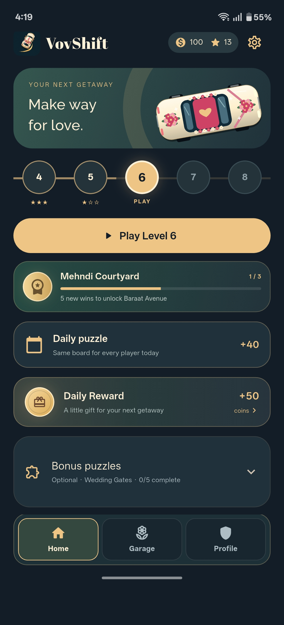 VovShift home screen with a daily puzzle, level progress, and the main menu