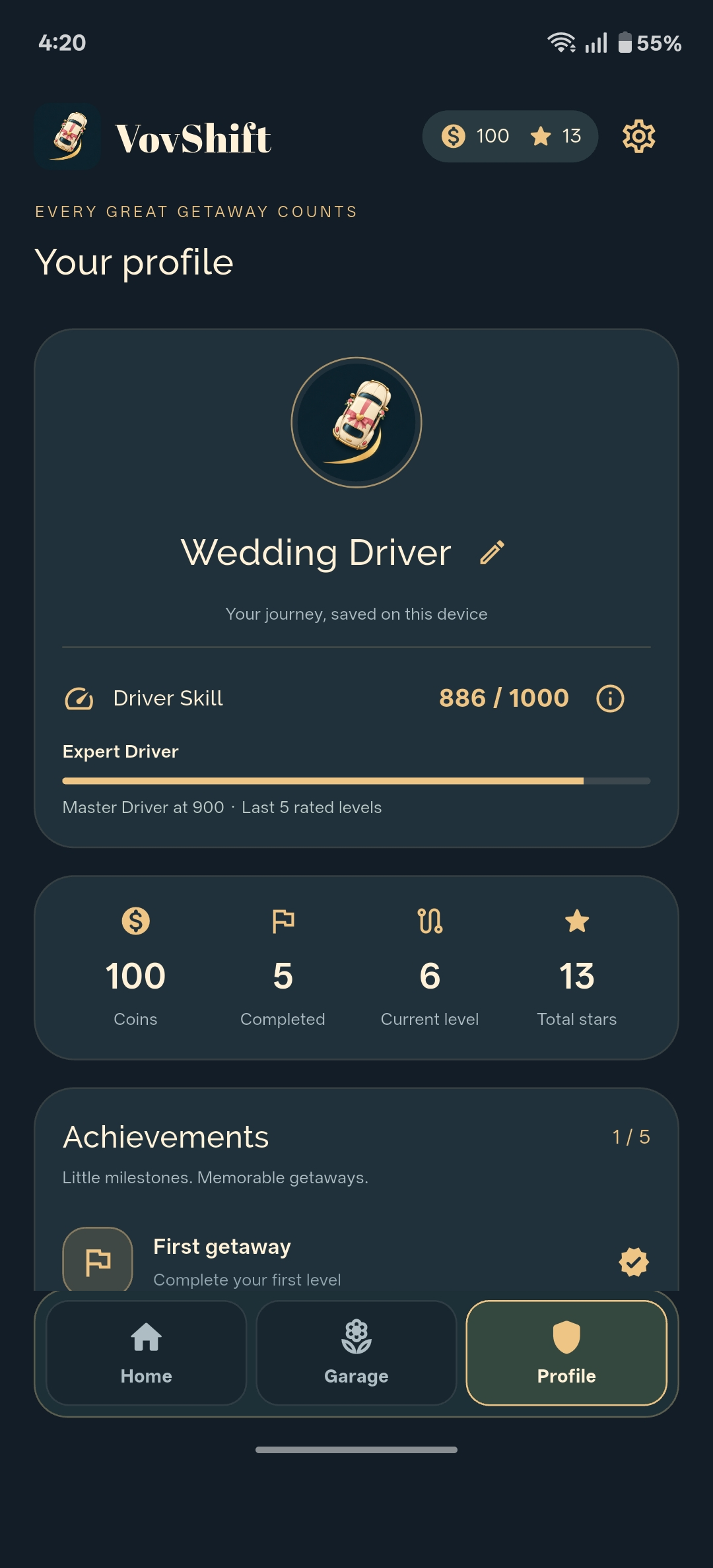 VovShift profile screen with Driver Skill and puzzle progress