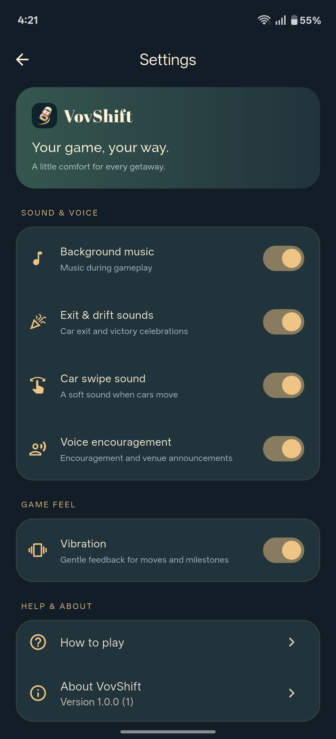 VovShift settings screen with sound, vibration, and account options