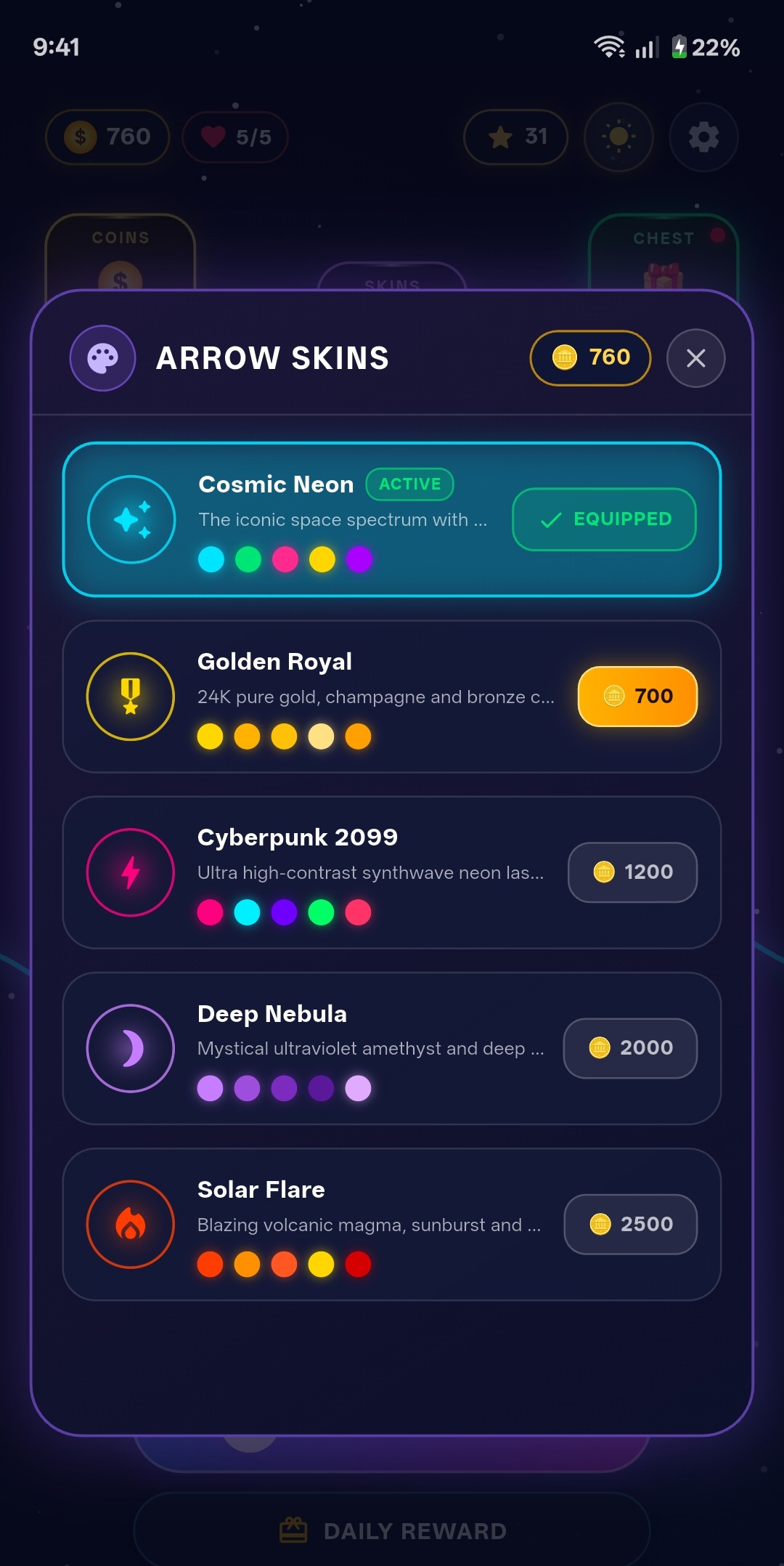 Arrow skins shop in Cosmic Dark, with neon, gold, heart, and lightning looks
