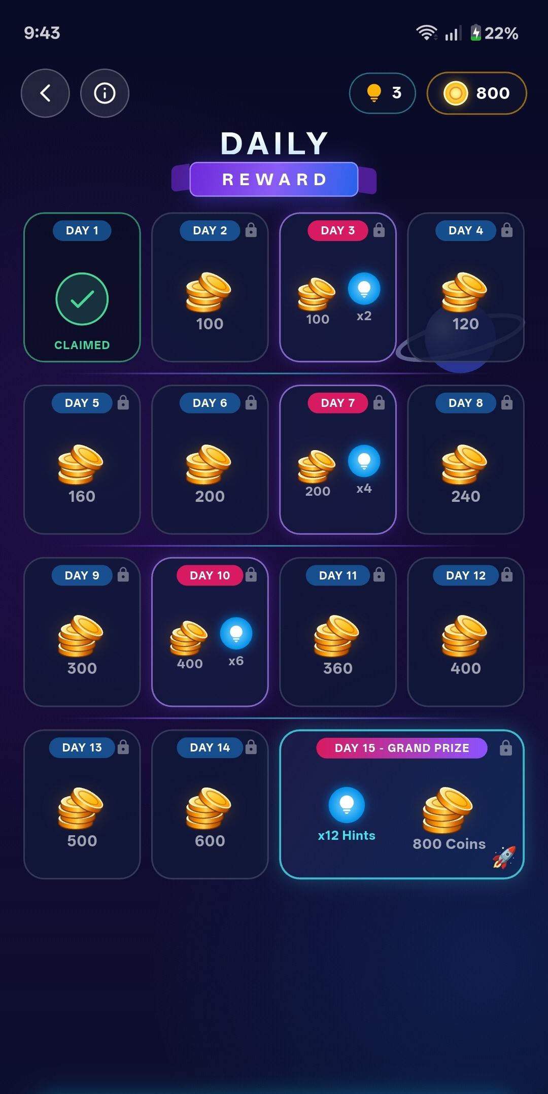 The fifteen-day reward calendar in Cosmic Dark