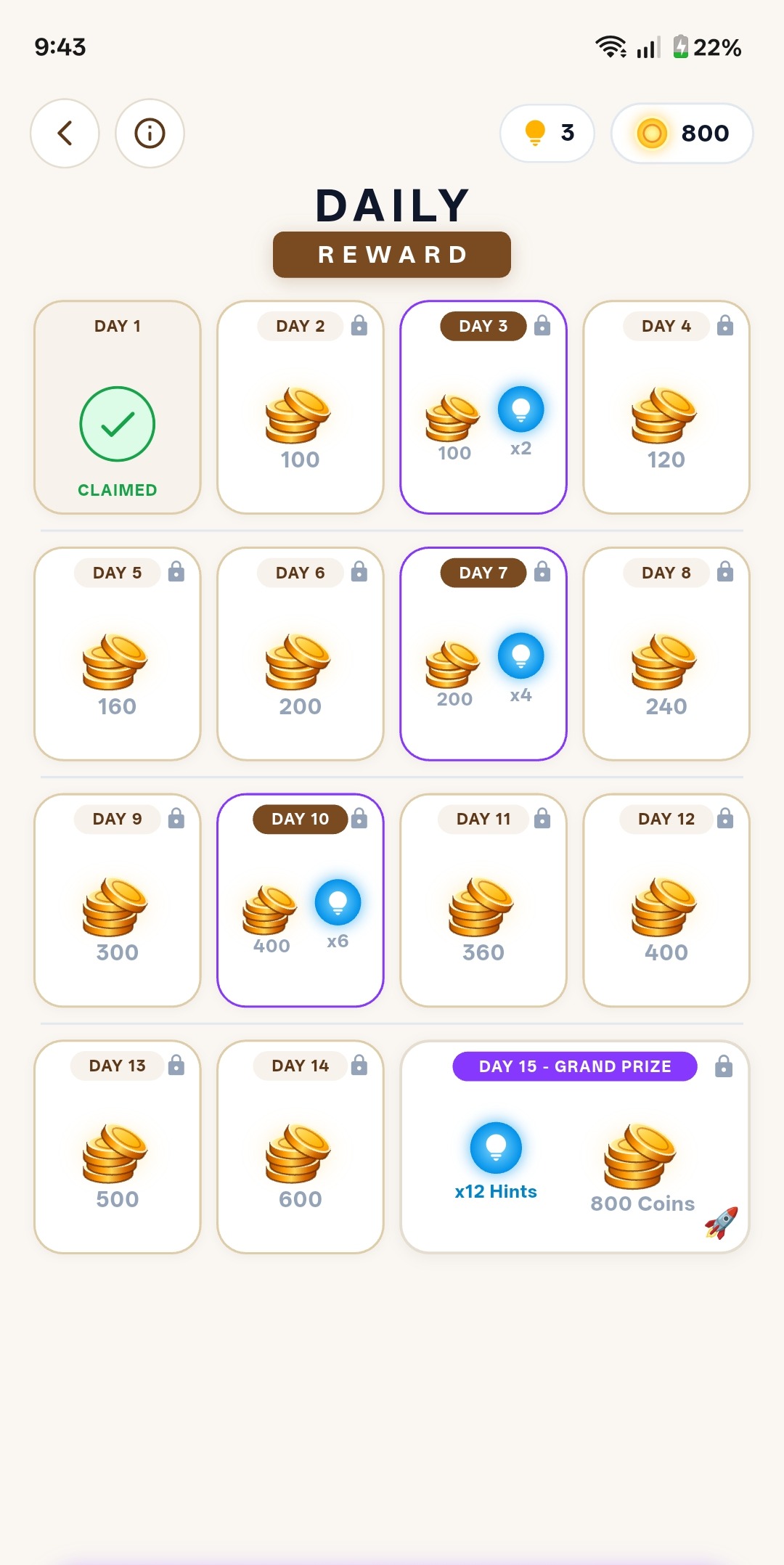 The fifteen-day reward calendar in Warm Sand
