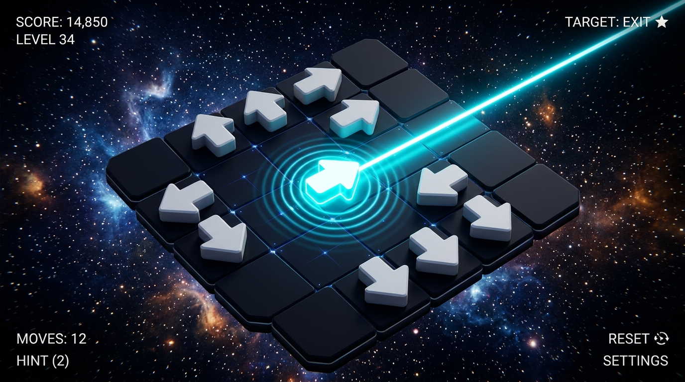 A cosmic board of arrows with a cyan laser aimed toward the exit