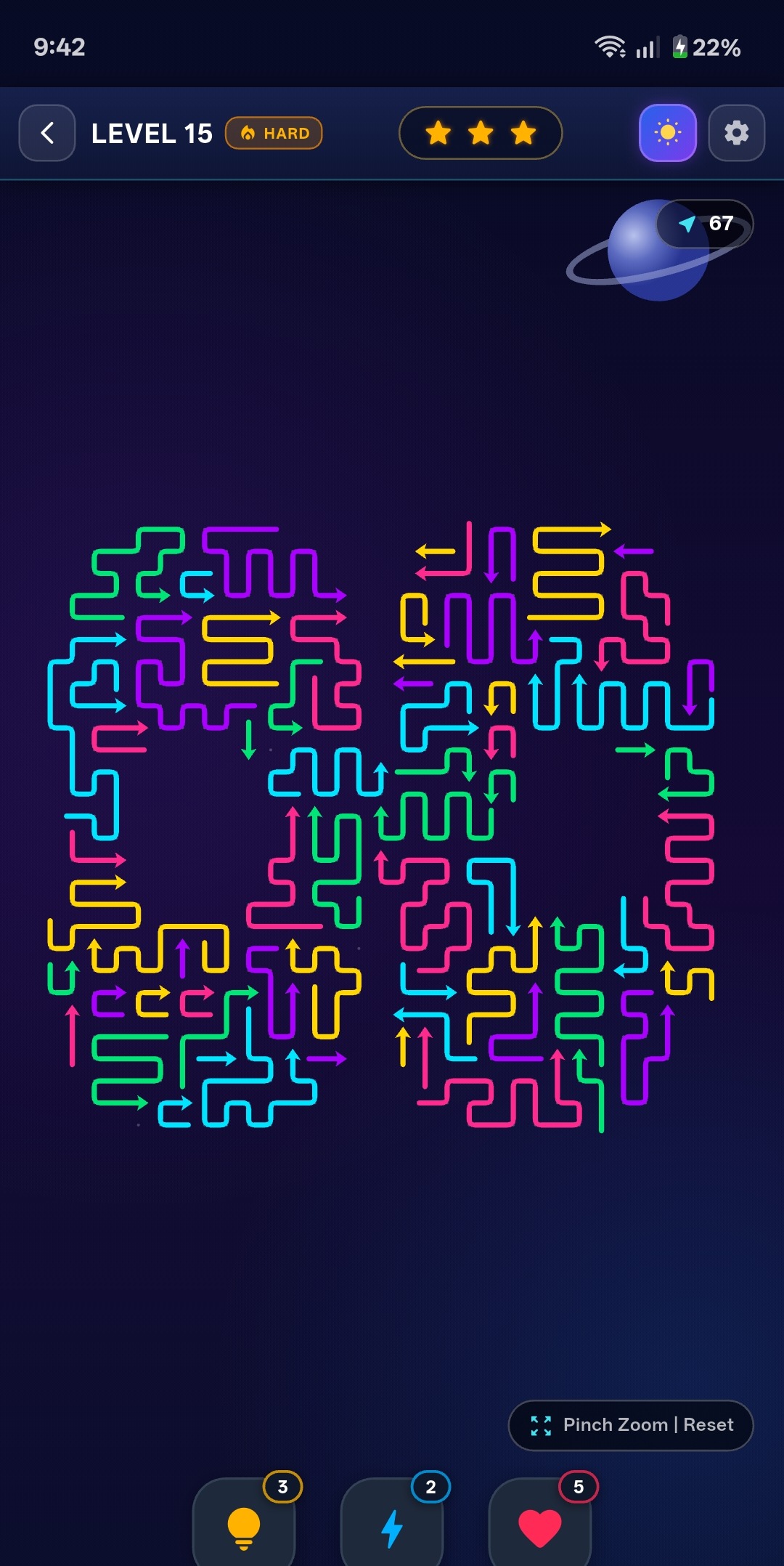 Level 15 in Cosmic Dark, a dense board of neon arrows