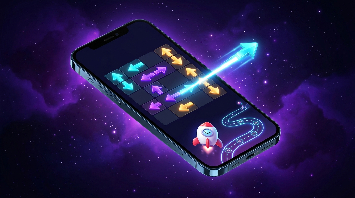 VOV Arrows on a phone, with a laser path and a rocket