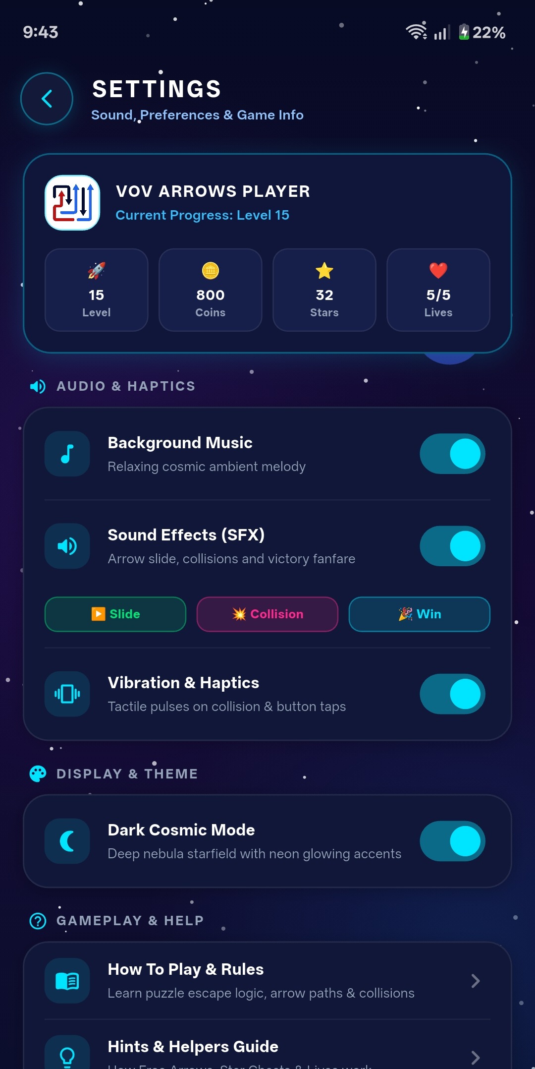 Settings in Cosmic Dark, with music, sound effects, and haptics