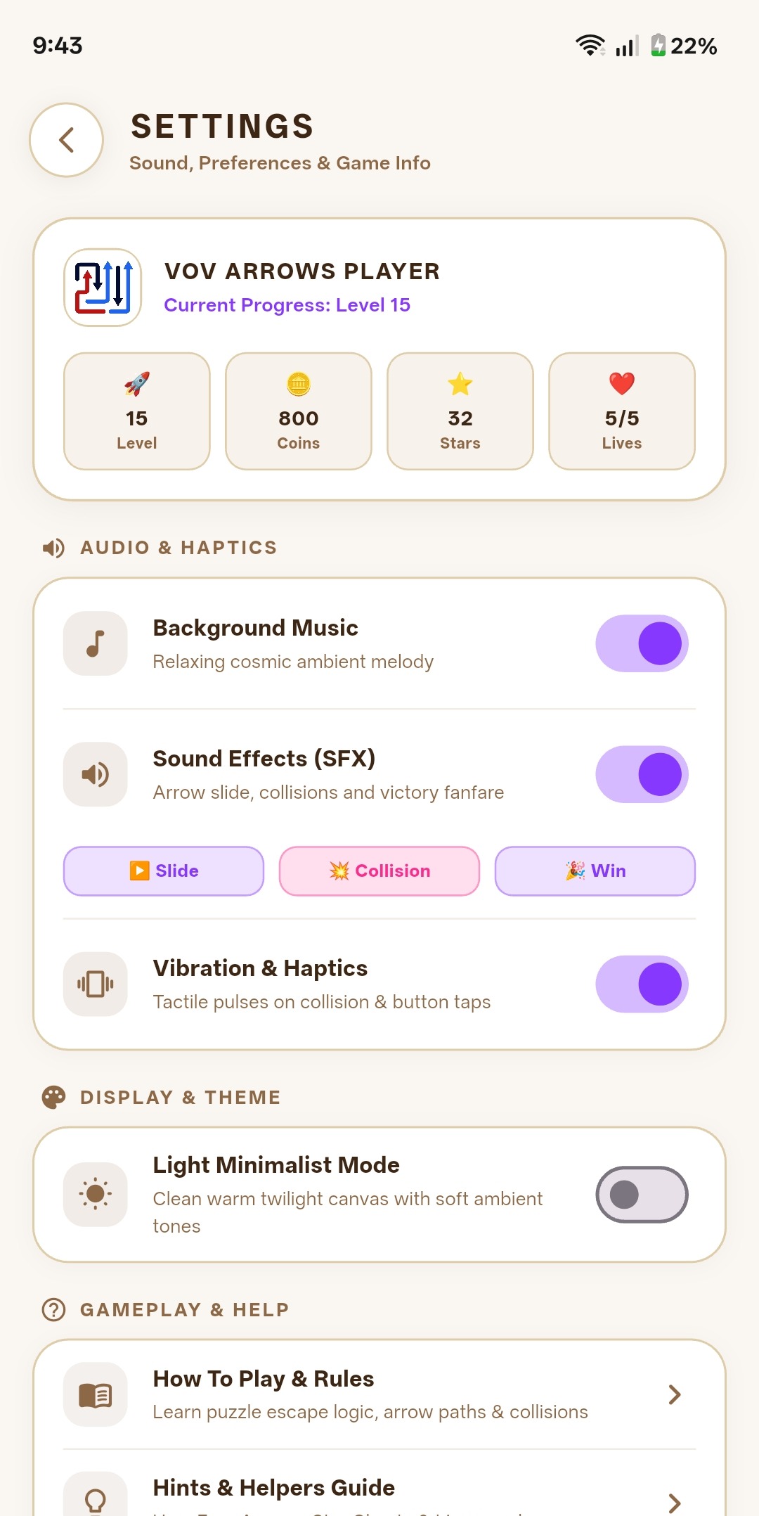 Settings in Warm Sand, with music, sound effects, and haptics