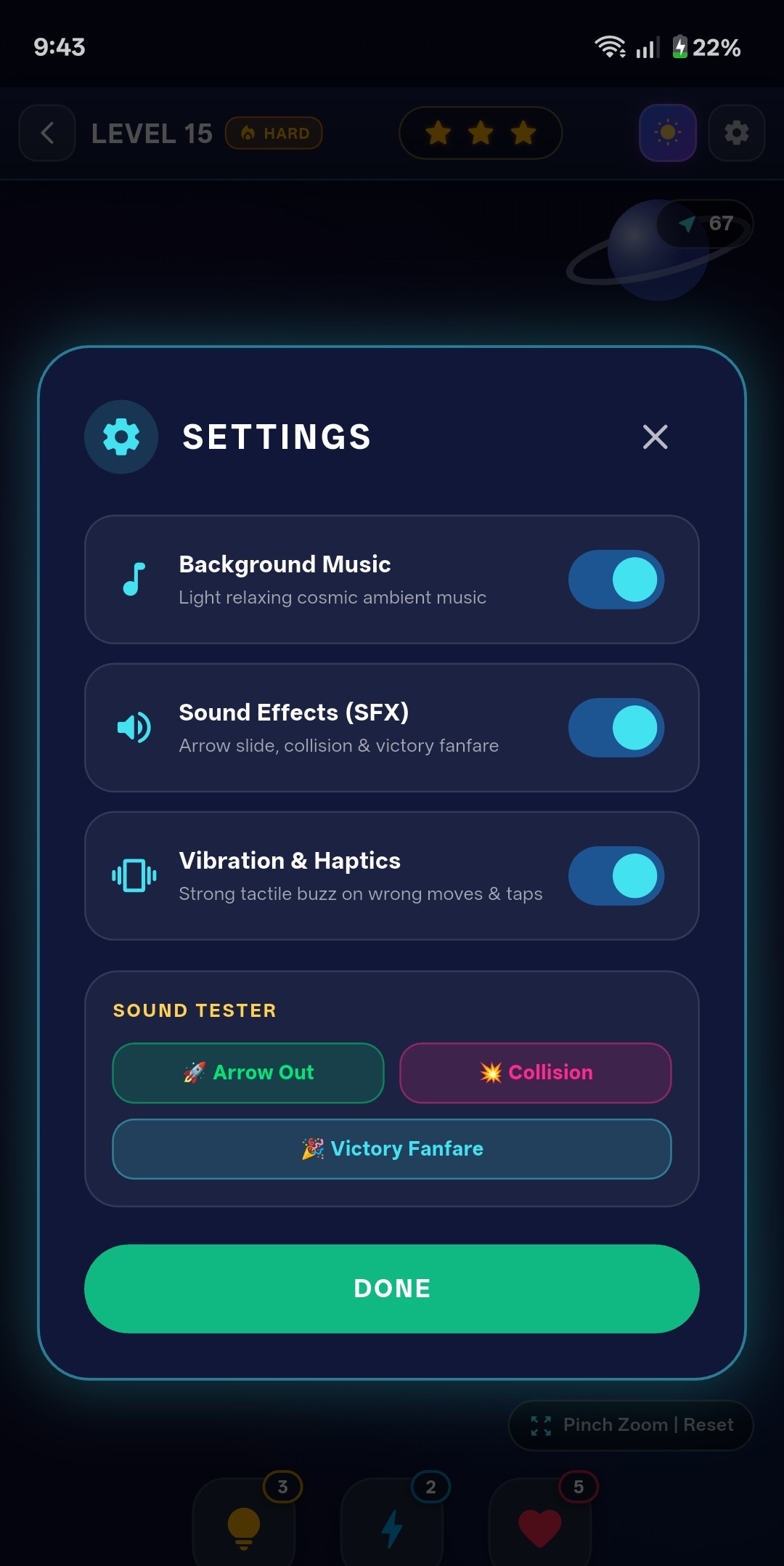 Quick settings in Cosmic Dark, including a sound test