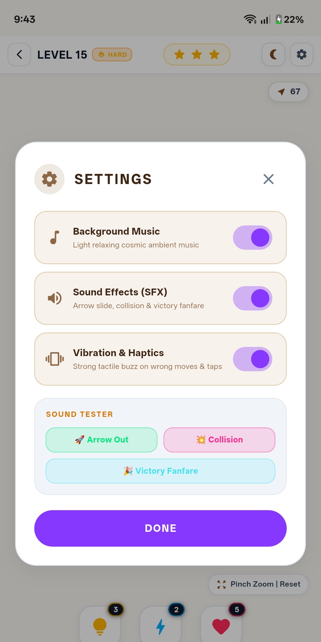 Quick settings in Warm Sand, including a sound test