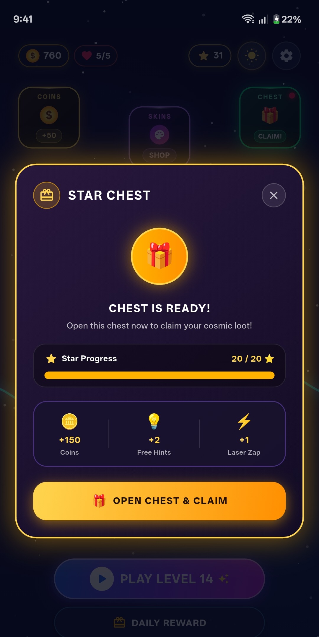Star chest ready to claim in Cosmic Dark