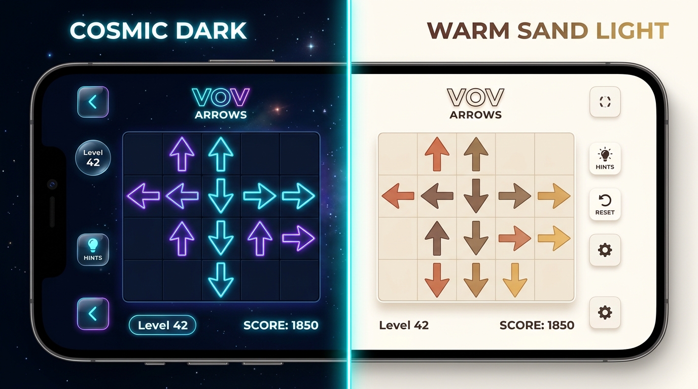 One phone split down the middle. The left half is VOV Arrows in Cosmic Dark. The right half is the same board in Warm Sand Light.